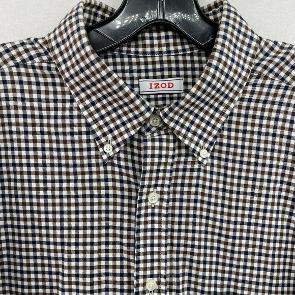 Izod Button-Down Shirt Men's Sz 36-37 Brown Blue Classic Fit Stretch Gingham - Picture 6 of 9